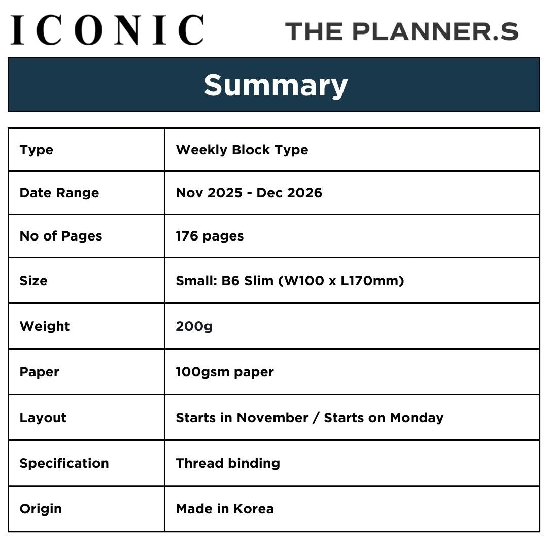 Iconic 2026 Planner Diary -  B6 Slim | Weekly Block| The Planner S