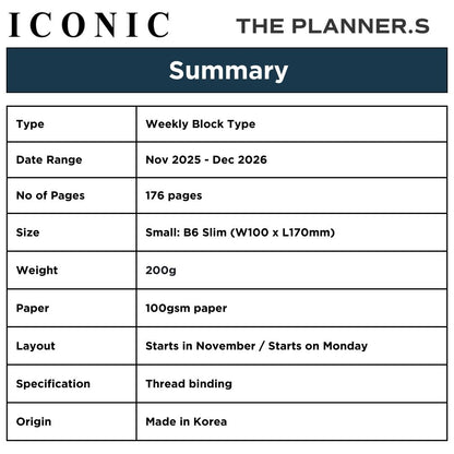 Iconic 2026 Planner Diary -  B6 Slim | Weekly Block| The Planner S