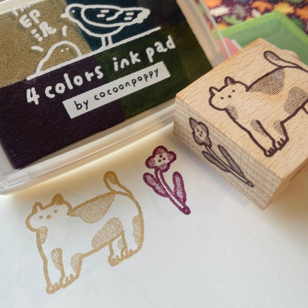 Cocoonpoppy Double-Sided Rubber Stamp - Cat & Flower