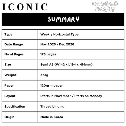 Iconic 2026 Doodle Diary - Semi A5 | Weekly Horizontal
