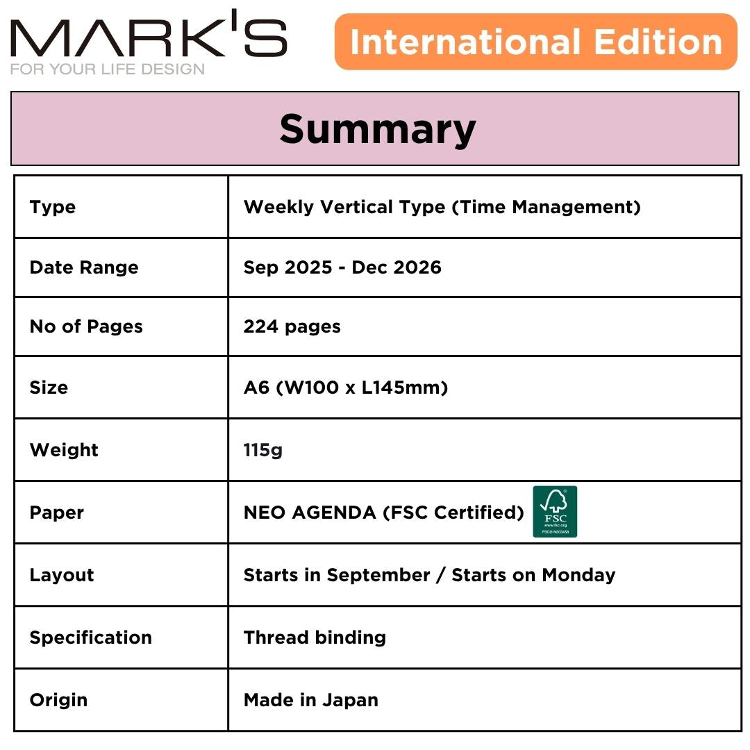 [International Edition] Mark's 2026 Planner Diary Refill - A6 | Weekly Vertical