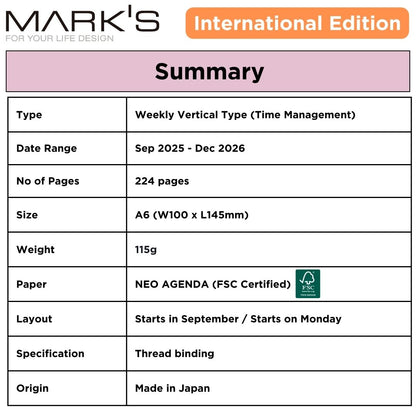 [International Edition] Mark's 2026 Planner Diary Refill - A6 | Weekly Vertical