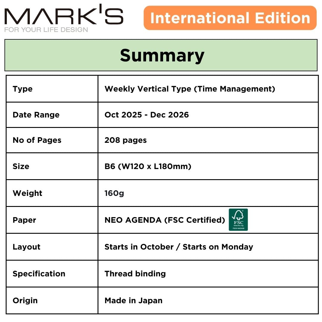 [International Edition] Mark's 2026 Planner Diary Refill - B6 | Weekly Vertical