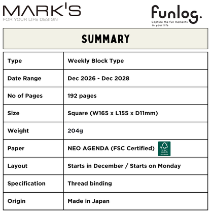 Mark's 2027 Planner Diary - Square | Weekly Block | Funlog Clear Slide Zipper