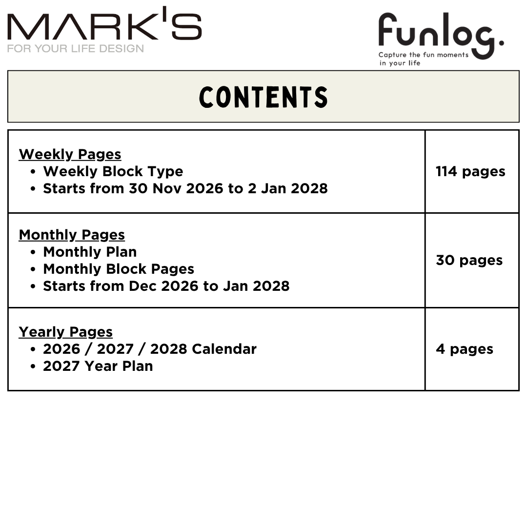 Mark's 2027 Planner Diary - Square | Weekly Block | Funlog Clear Slide Zipper