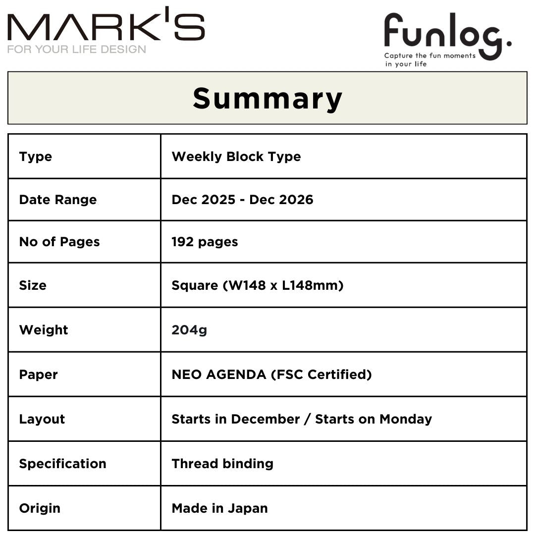 Mark's 2026 Planner Diary - Square | Weekly Block | Funlog