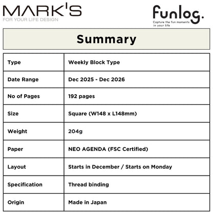 Mark's 2026 Planner Diary - Square | Weekly Block | Funlog