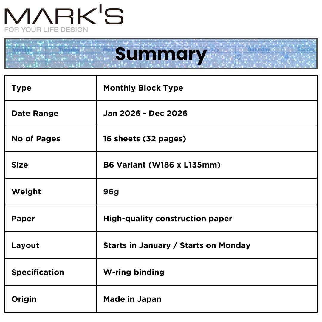 Mark's 2026 Notebook Calendar - S | Horizontal | Monthly Block