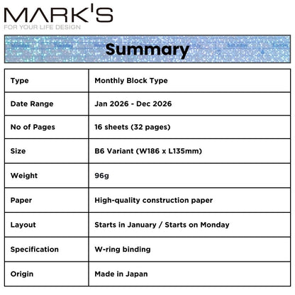 Mark's 2026 Notebook Calendar - S | Horizontal | Monthly Block