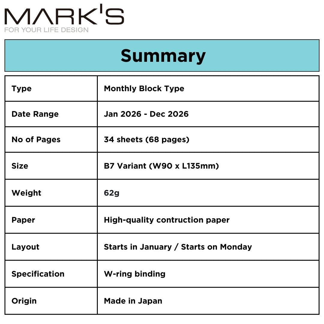 Mark's 2026 Notebook Calendar - XS | Vertical | Monthly Block