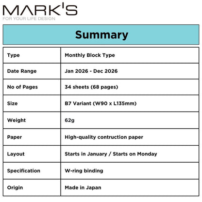Mark's 2026 Notebook Calendar - XS | Vertical | Monthly Block