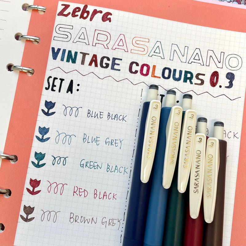 Zebra SARASA NANO 5 Colours Gel Pen Set 0.3mm - Vintage Colours