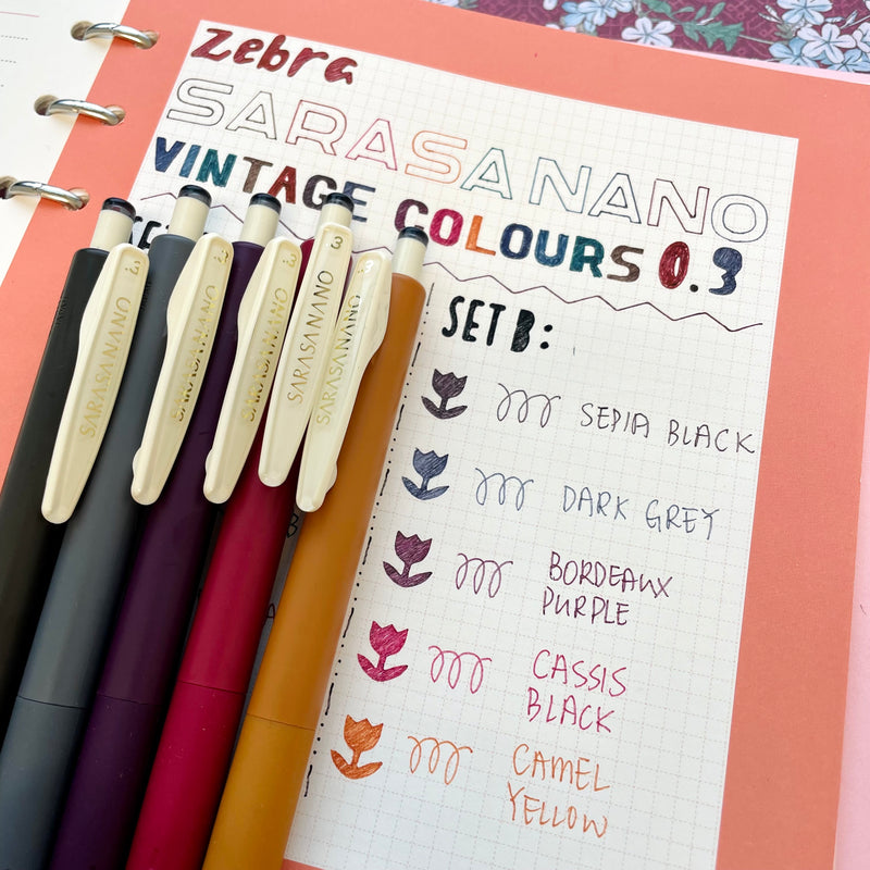 Zebra SARASA NANO 5 Colours Gel Pen Set 0.3mm - Vintage Colours
