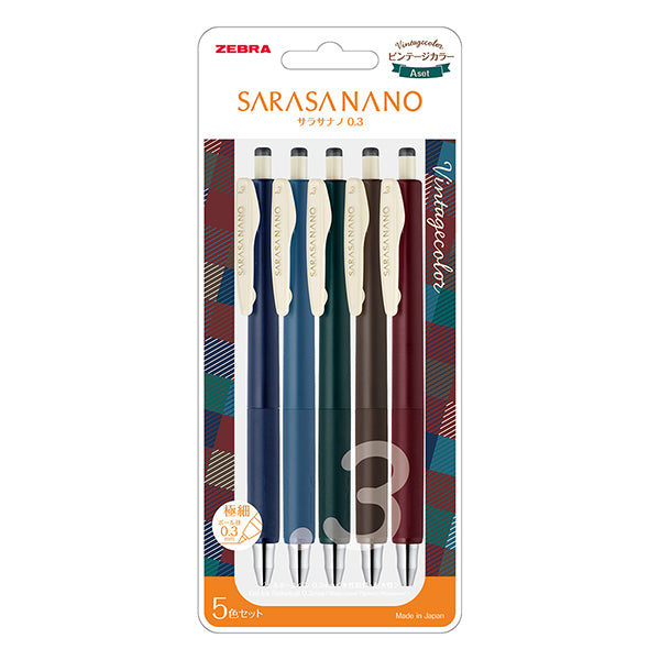 Zebra SARASA NANO 5 Colours Gel Pen Set 0.3mm - Vintage Colours
