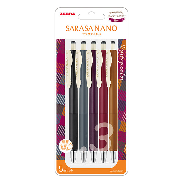 Zebra SARASA NANO 5 Colours Gel Pen Set 0.3mm - Vintage Colours
